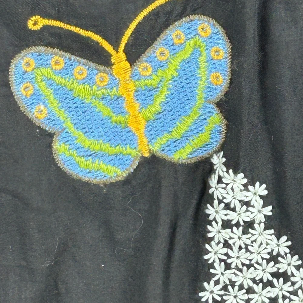 Black Floral Embroidered Butterfly Women's Artsy Chic Boho Spring Dress Sz. L - Picture 2 of 12